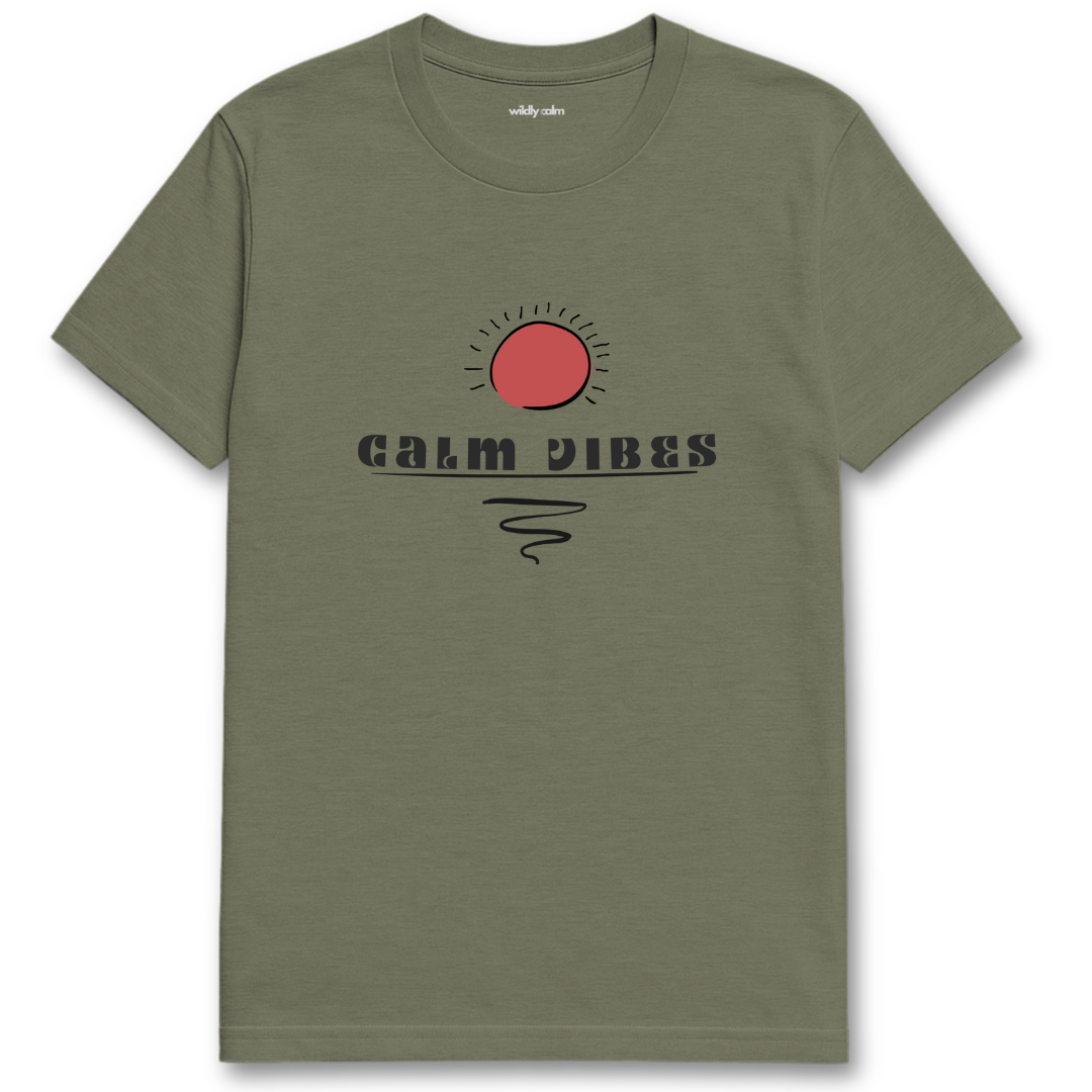 Heather military green yoga t-shirt with 'Calm Vibes' graphic -wildly calm