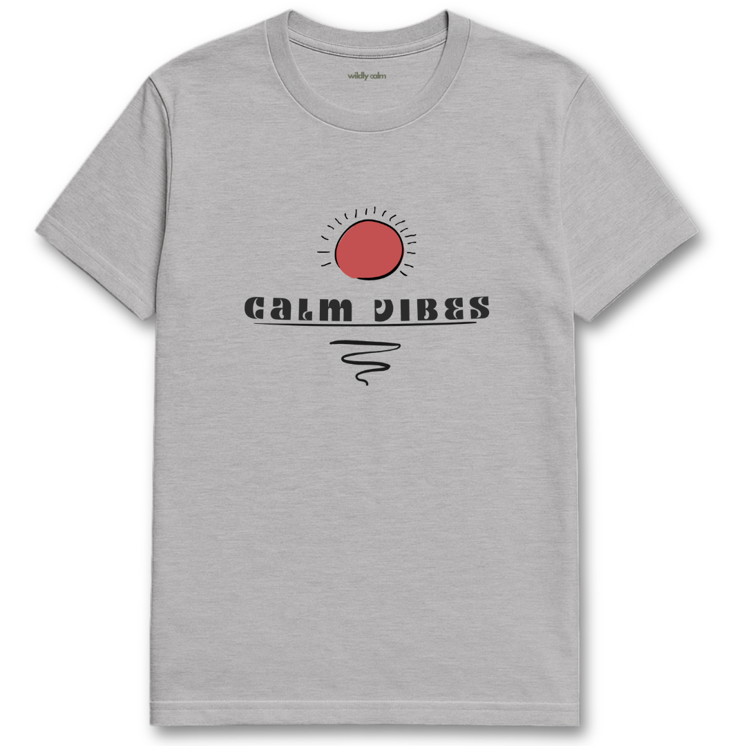 sports Gray yoga t-shirt with 'Calm Vibes' graphic -wildly calm