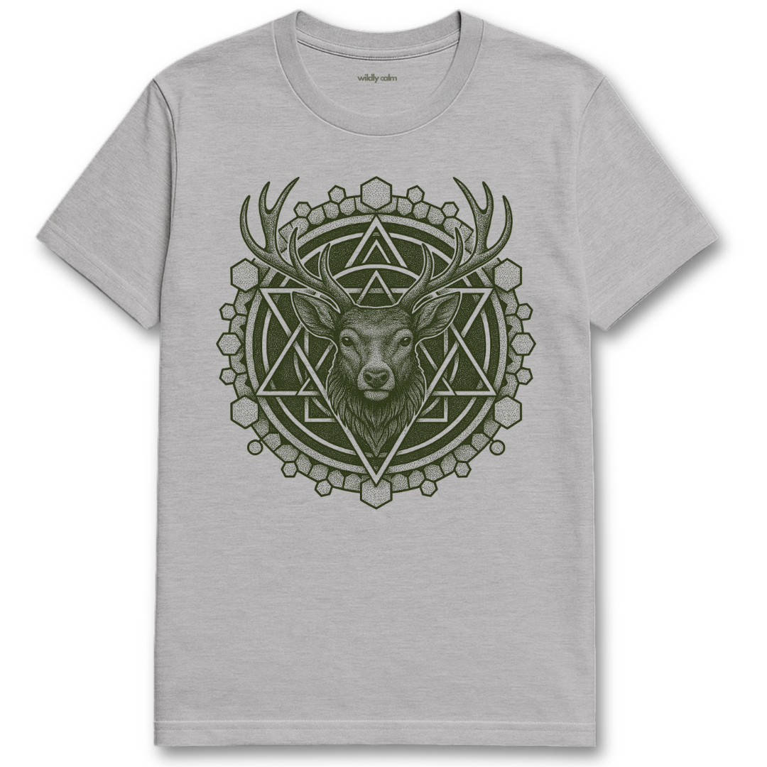 Wildly Calm_Celestial Stag Mandala_sports grey t-shirt with a deer head design featuring geometric shapes on a white background