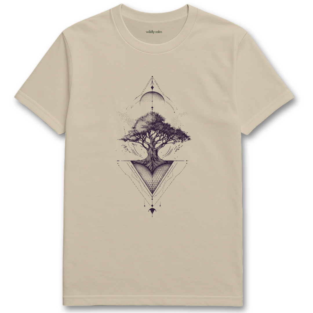Celestial Tree of Life_Sand/ beige yoga t-shirt with a tree design in a triangle- wildly calm