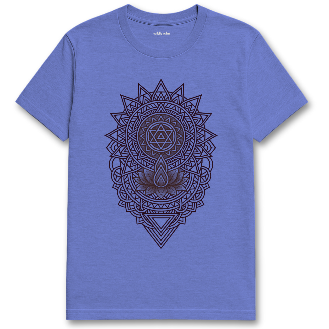 Wildly Calm_Chakra Convergence Mandala_Heather royal blue t-shirt with a black mandala design on a white background
