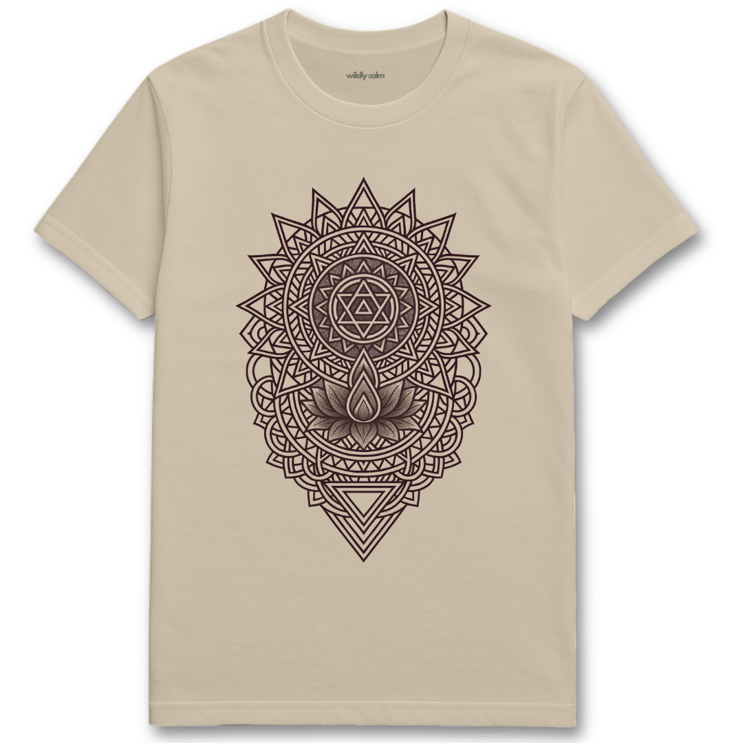 Wildly Calm_Chakra Convergence Mandala_sand/ beige t-shirt with a black mandala design on a white background