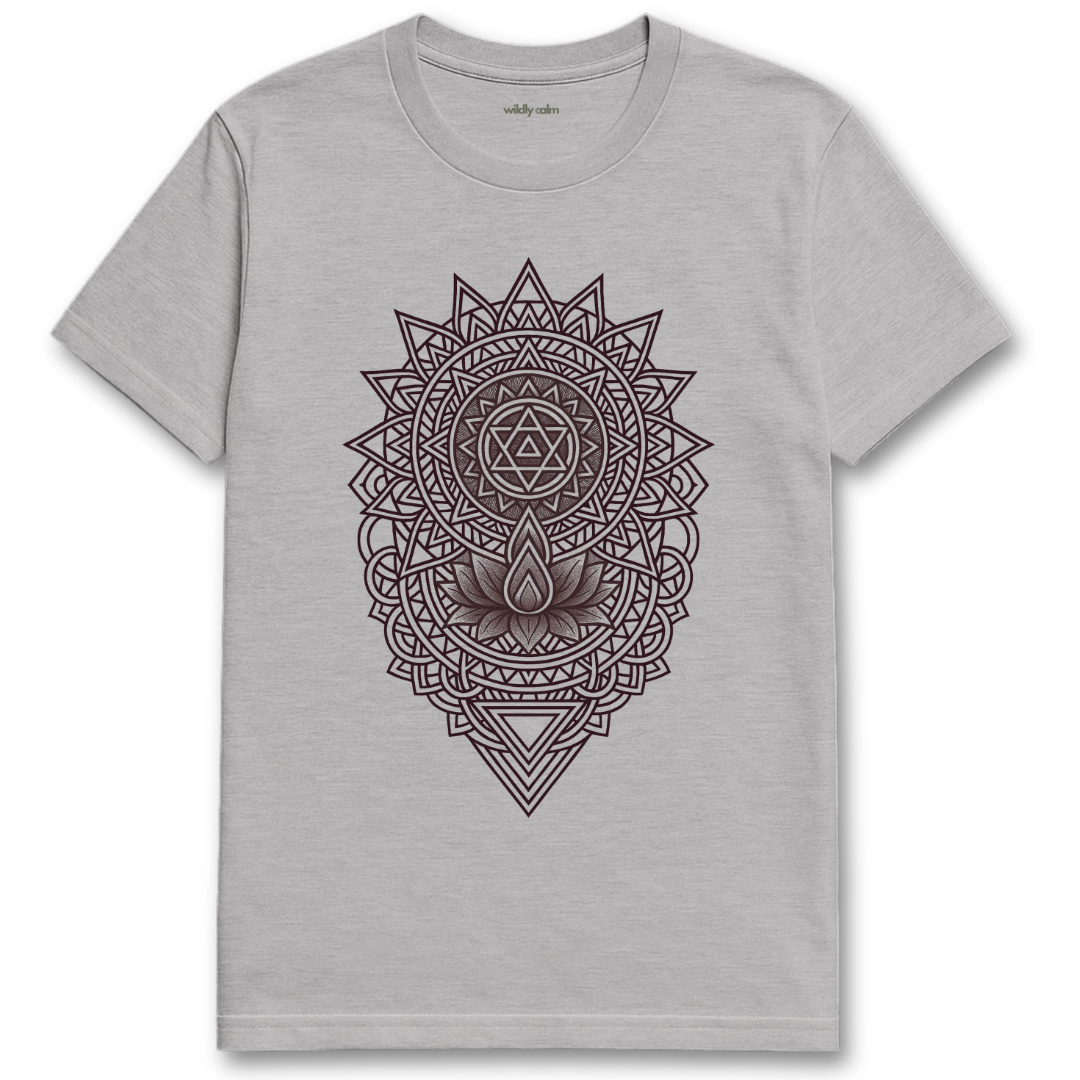 Wildly Calm_Chakra Convergence Mandala_sports grey t-shirt with a black mandala design on a white background