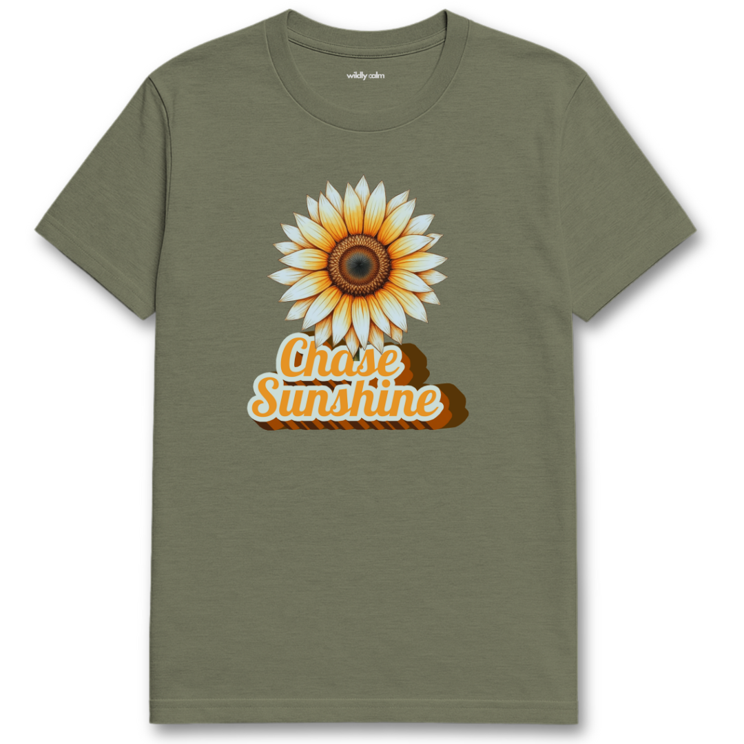 Chase Sunshine_Heather Military green yoga t-shirt with a sunflower graphic and 'Chase Sunshine' text - Wildly calm