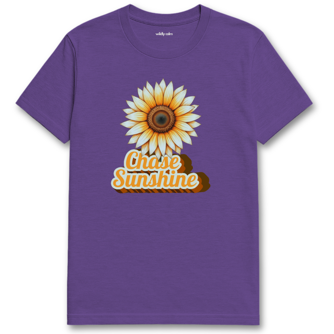 Chase Sunshine_Heather Purple yoga t-shirt with a sunflower graphic and 'Chase Sunshine' text - Wildly calm