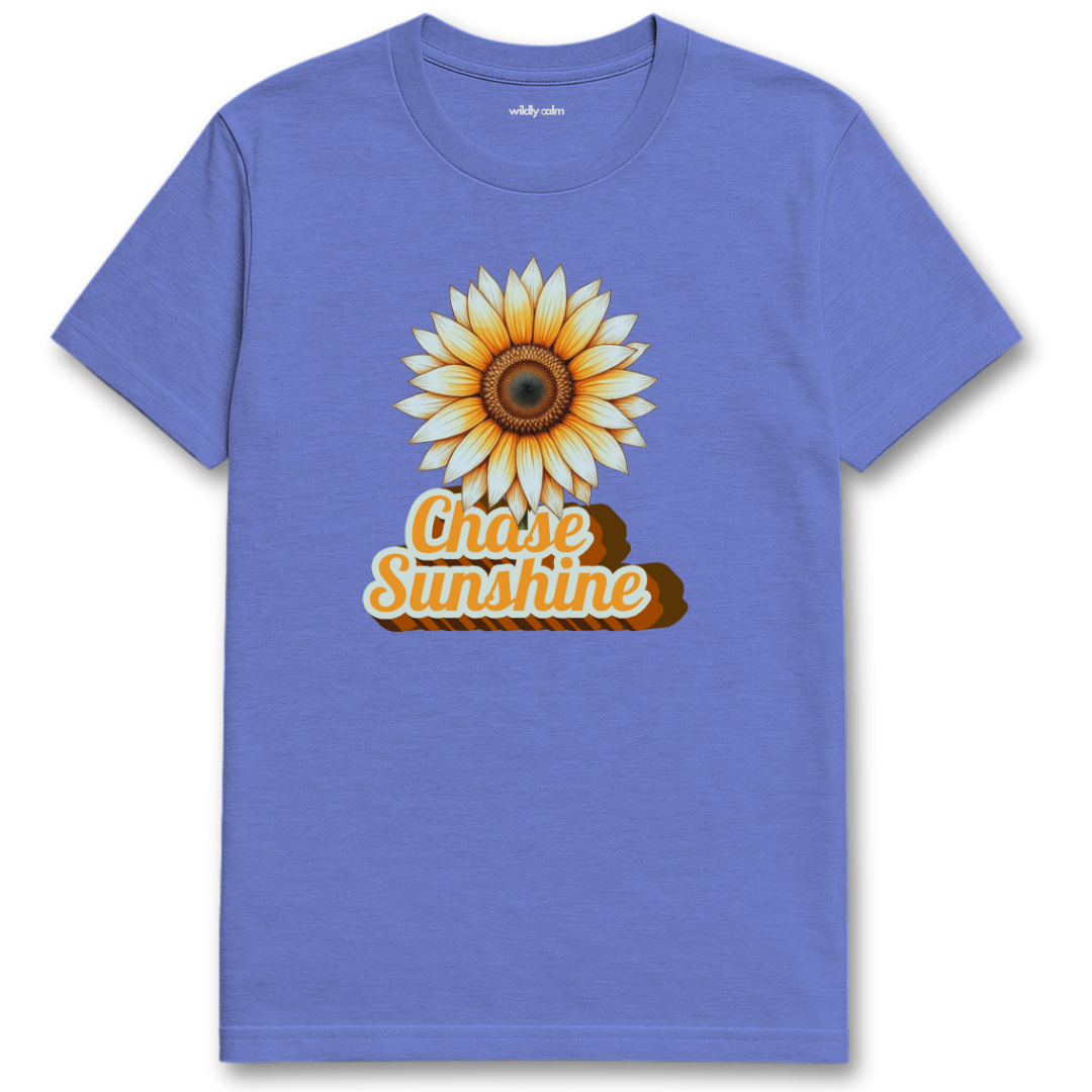 Chase Sunshine_Heather royal yoga t-shirt with a sunflower graphic and 'Chase Sunshine' text - Wildly calm