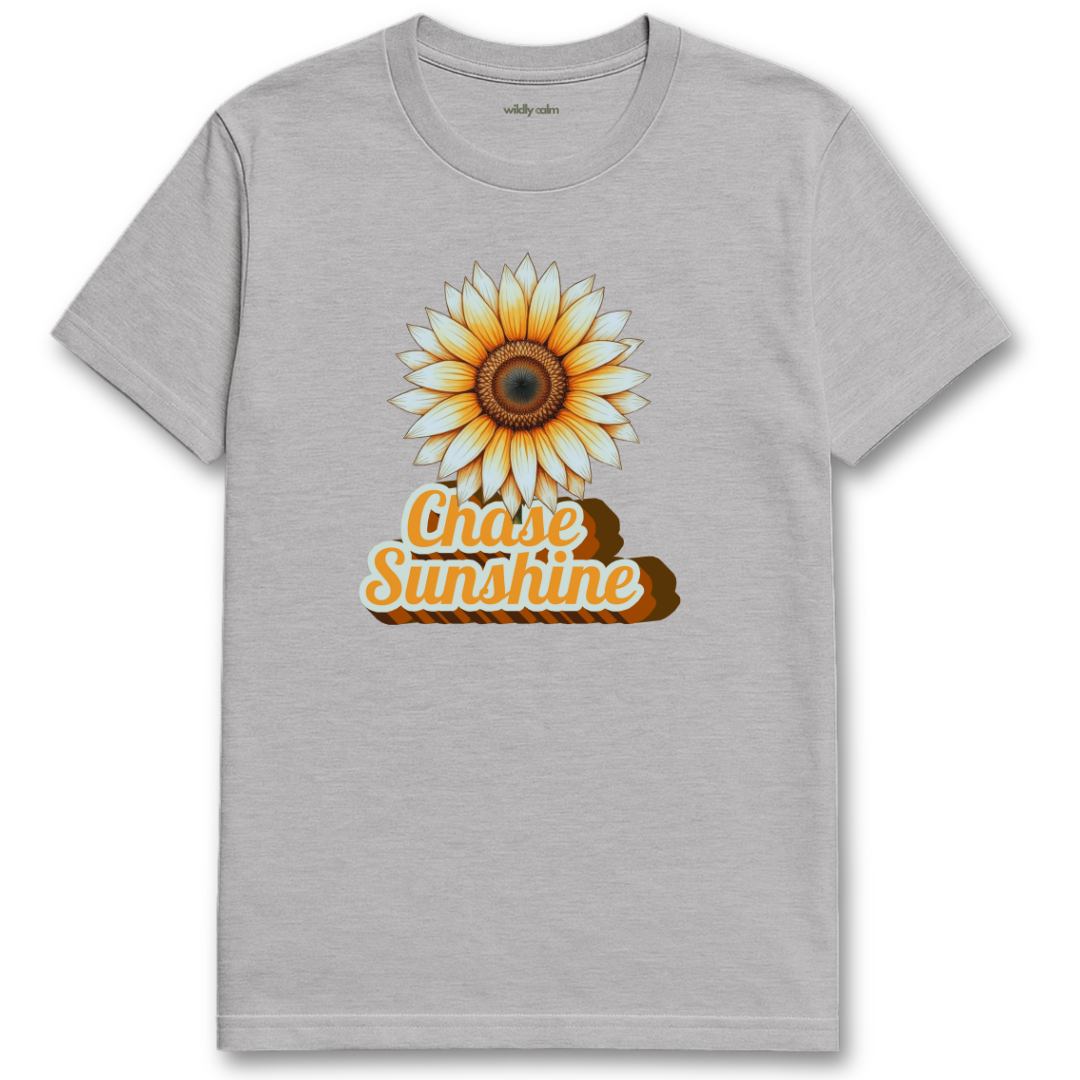 Chase Sunshine_sports grey yoga t-shirt with a sunflower graphic and 'Chase Sunshine' text - Wildly calm