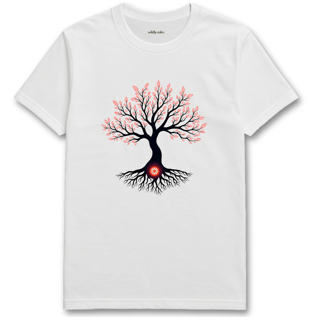 Cherry Radiance White yoga t-shirt with a tree design featuring pink leaves and a red heart at the base - wildly calm