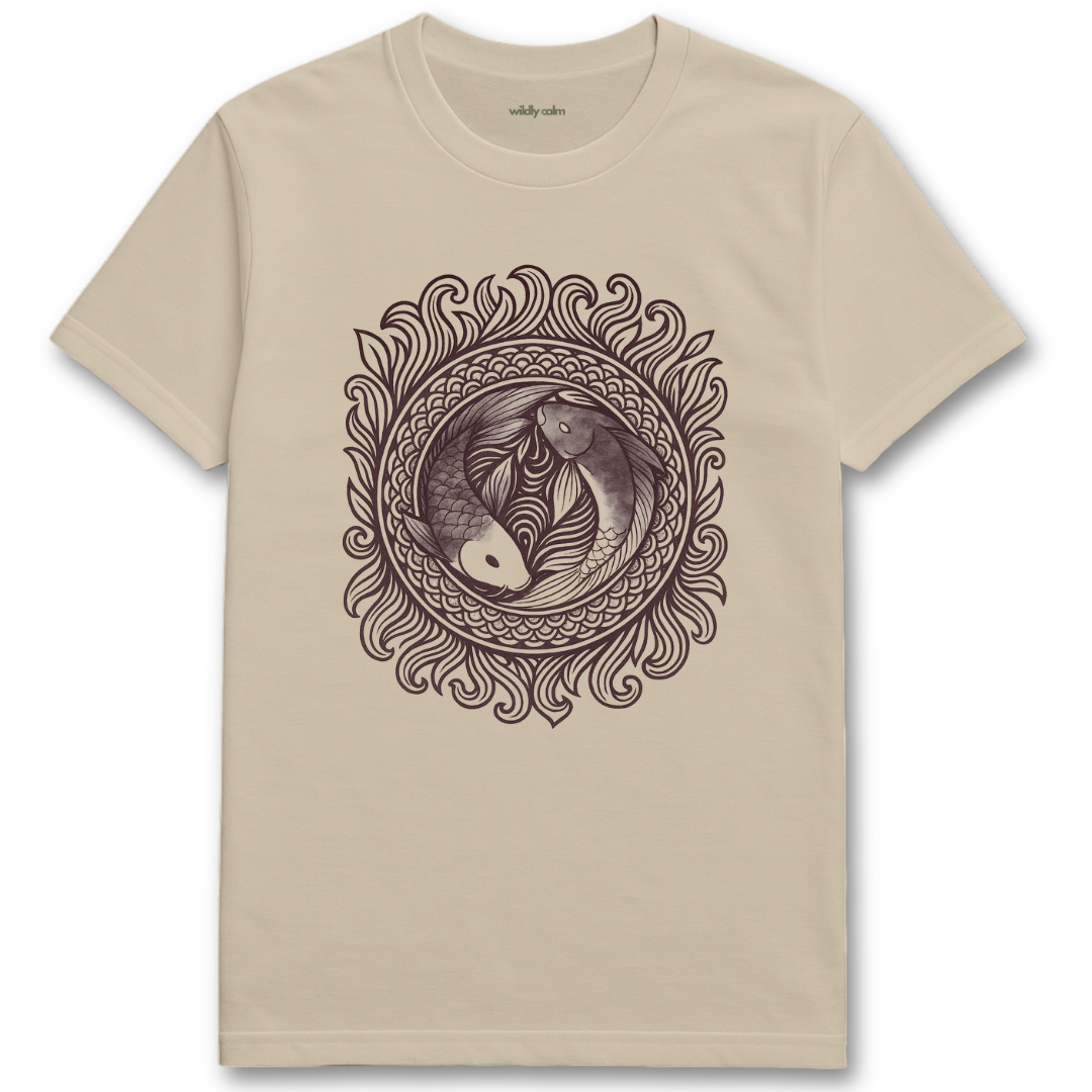 Wildly Calm_Circle of the Twin Streams Mandala_sand/ beige t-shirt with a black fish design on a white