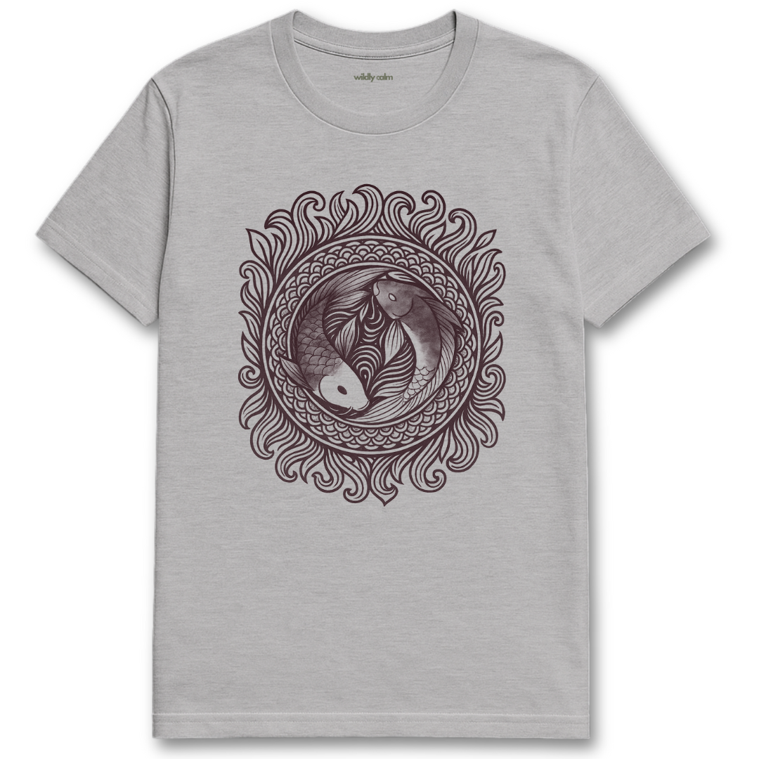Wildly Calm_Circle of the Twin Streams Mandala_sports grey t-shirt with a black fish design on a white