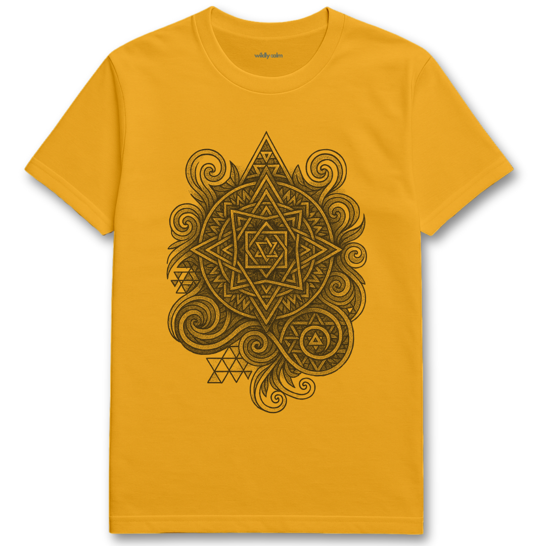 Wildly Calm_Cosmic Compass Mandala_Gold yoga t-shirt with black geometric design on a white background