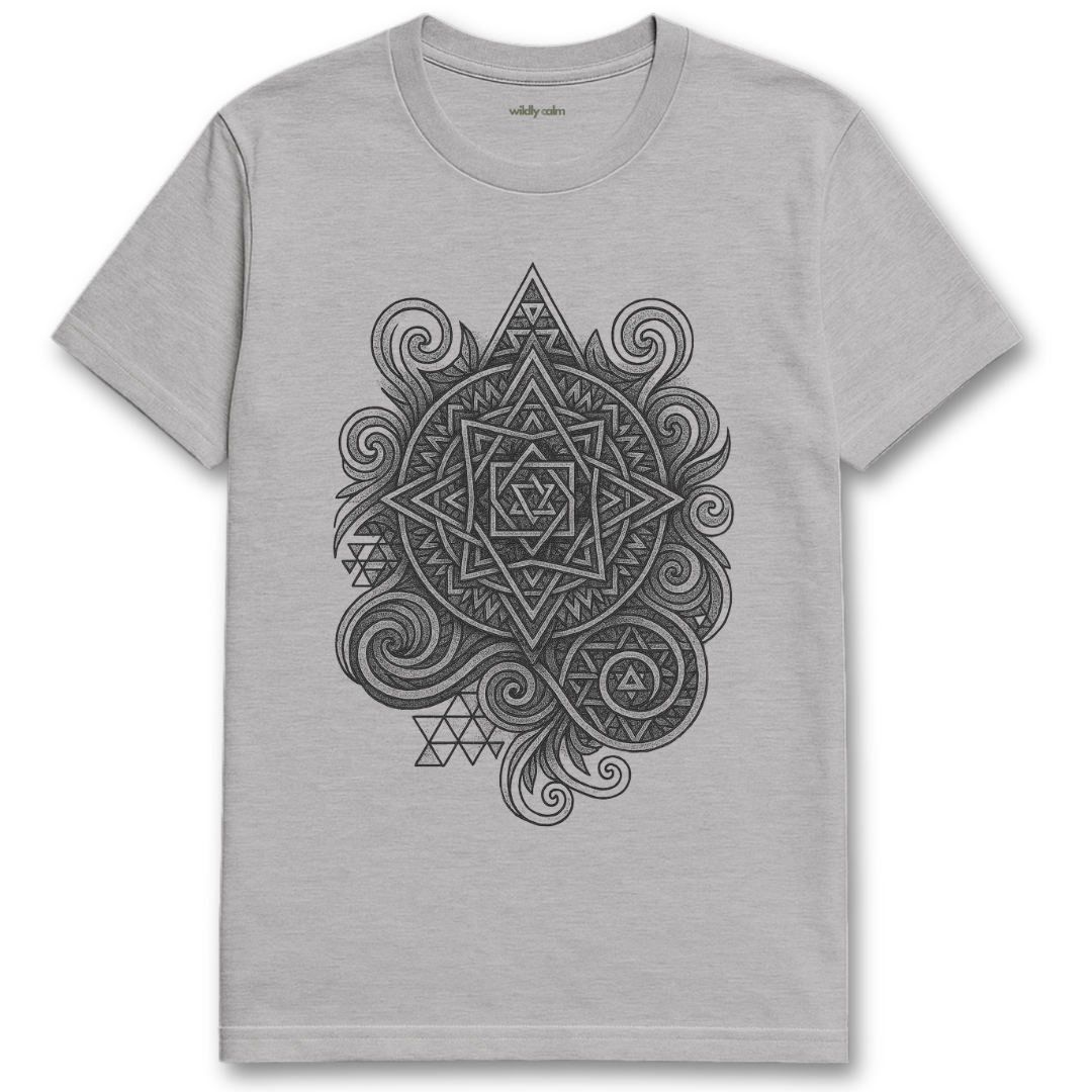 Wildly Calm_Cosmic Compass Mandala_sports grey yoga t-shirt with black geometric design on a white background