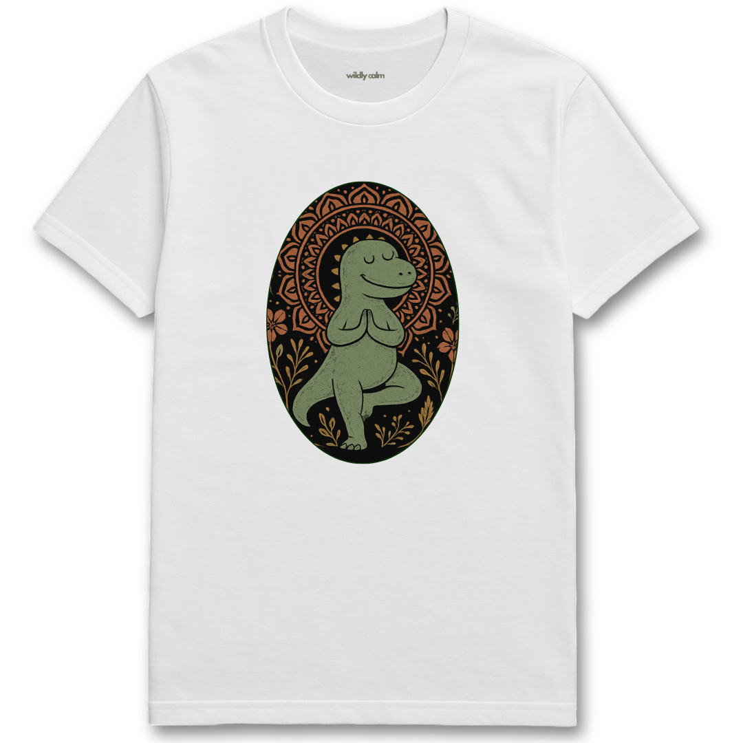White yoga t-shirt with a green dinosaur design - wildly calm