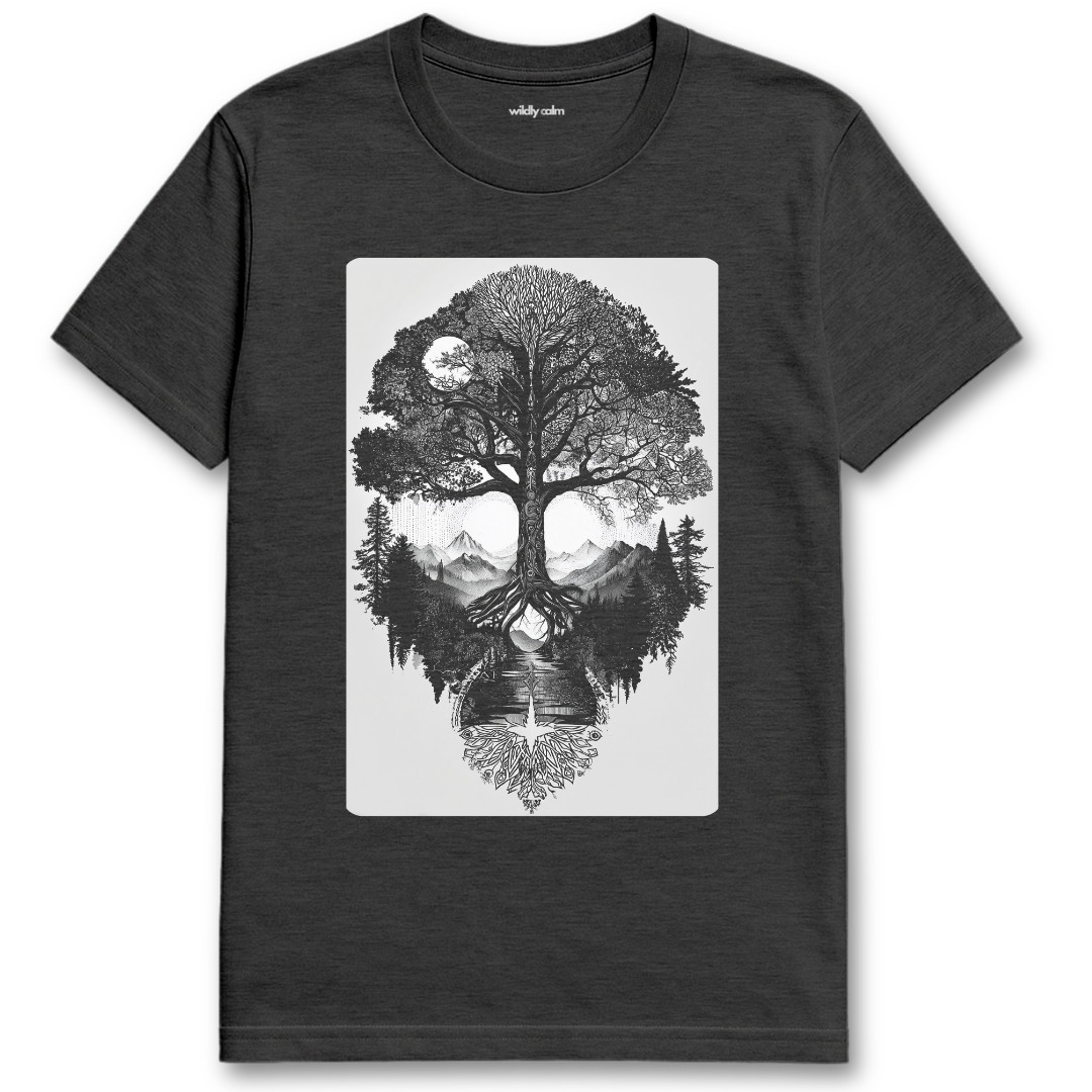 Earthbound Essence_Heather dark grey t-shirt with a nature-themed graphic - wildly calm