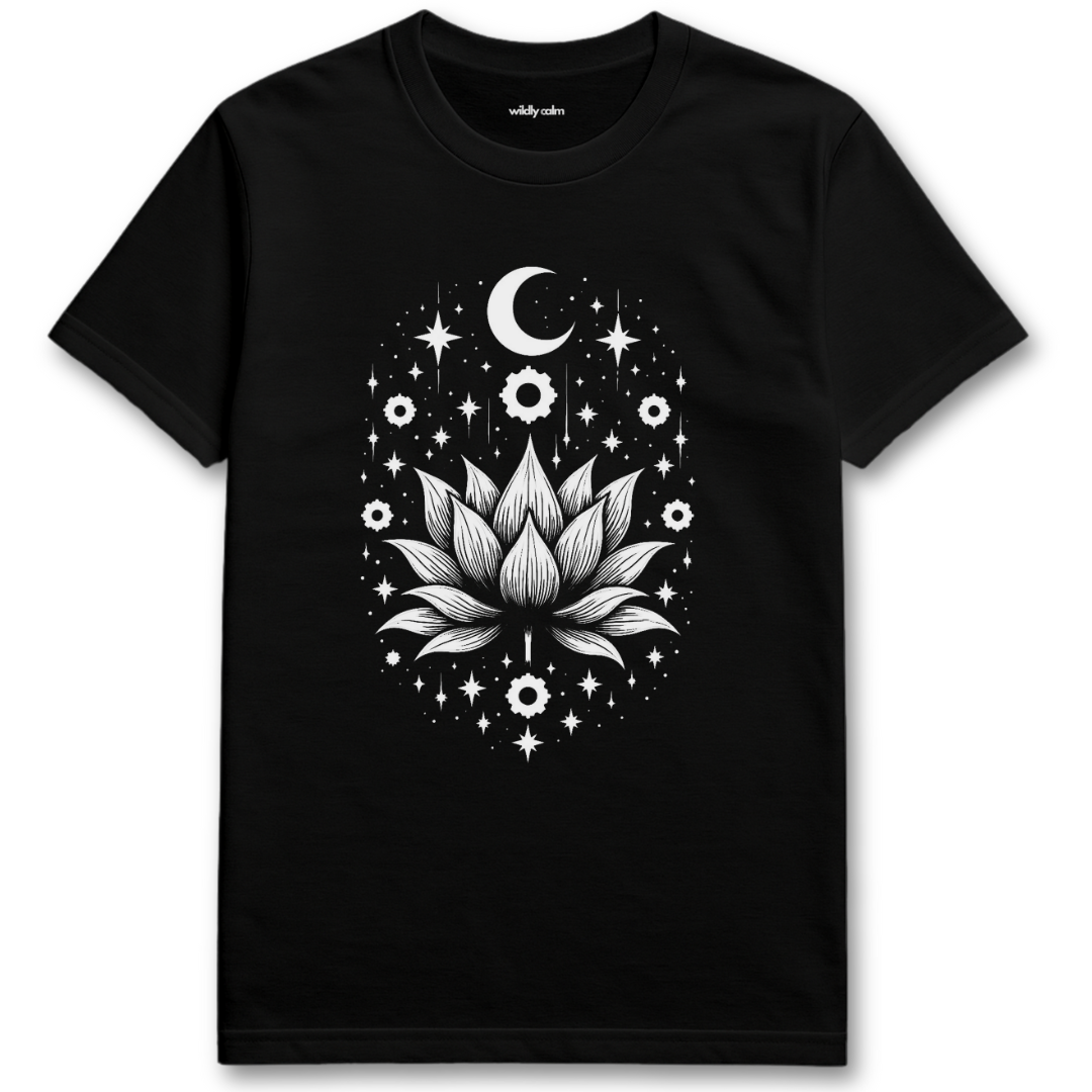 Enchanting Lotus_Black t-shirt with a white lotus flower and celestial design for Yoga - Wildly Calm