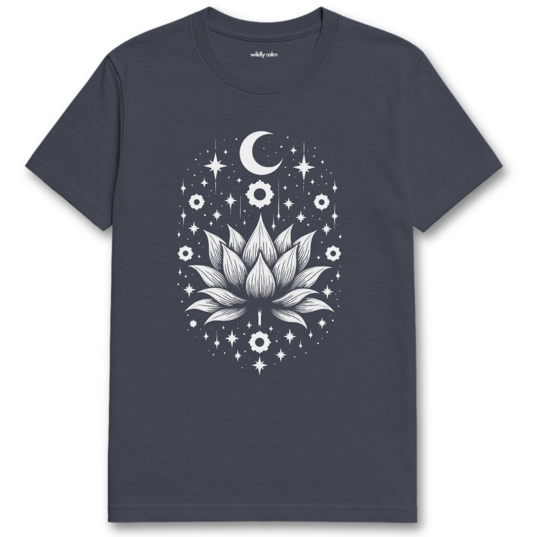 Enchanting Lotus_Heather Navy t-shirt with a white lotus flower and celestial design for Yoga - Wildly Calm