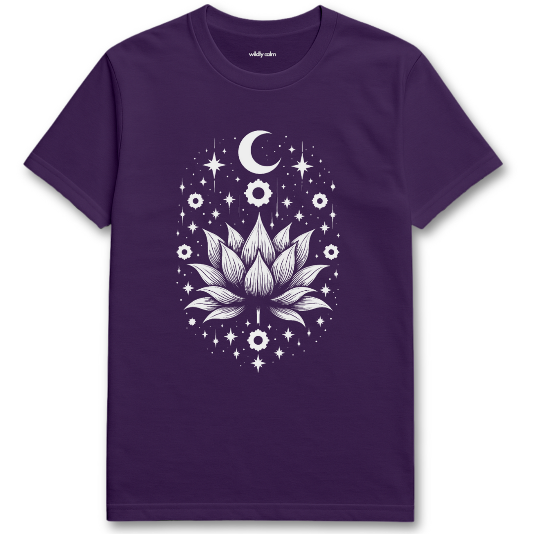 Enchanting Lotus_Purple t-shirt with a white lotus flower and celestial design for Yoga - Wildly Calm