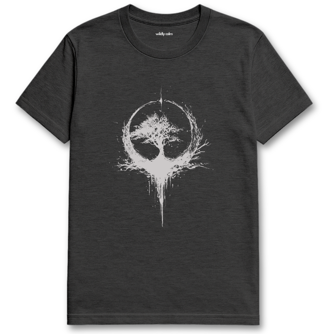 Enzo Ink Tree heather dark grey yoga t-shirt with black ink tree design - wildly calm