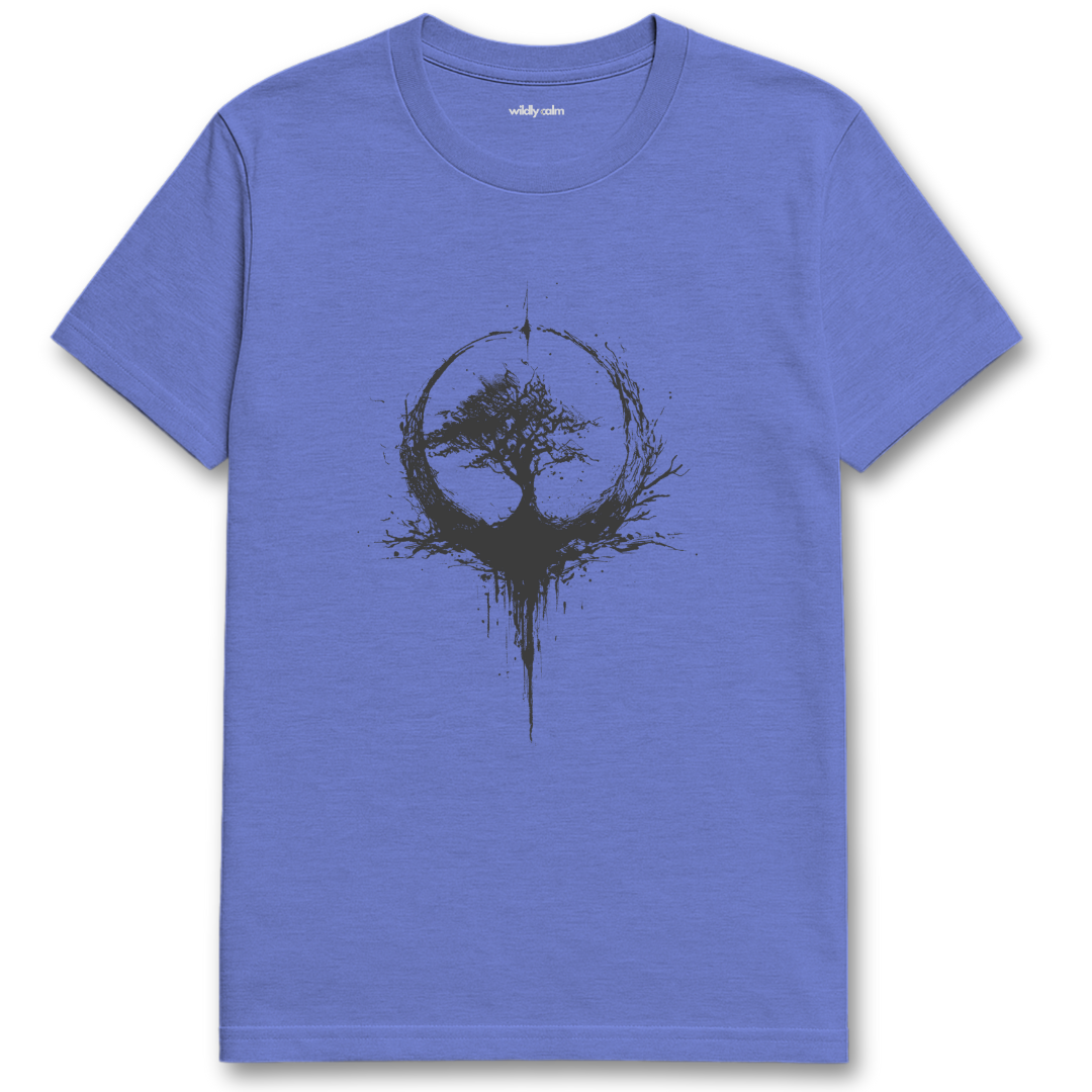 Enzo Ink Tree heather royal blue yoga t-shirt with black ink tree design - wildly calm