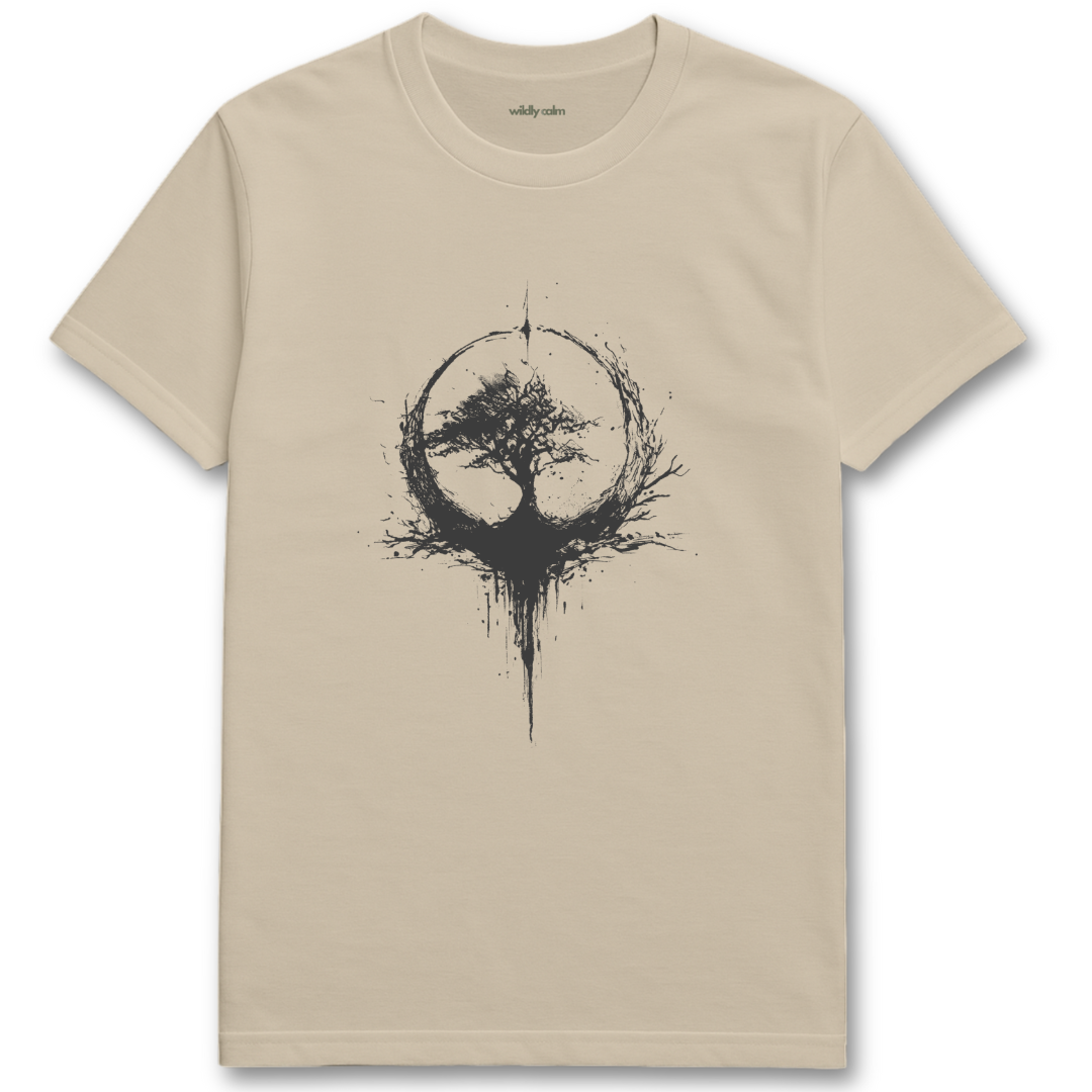 Enzo Ink Tree Beige/sandyoga t-shirt with black ink tree design - wildly calm