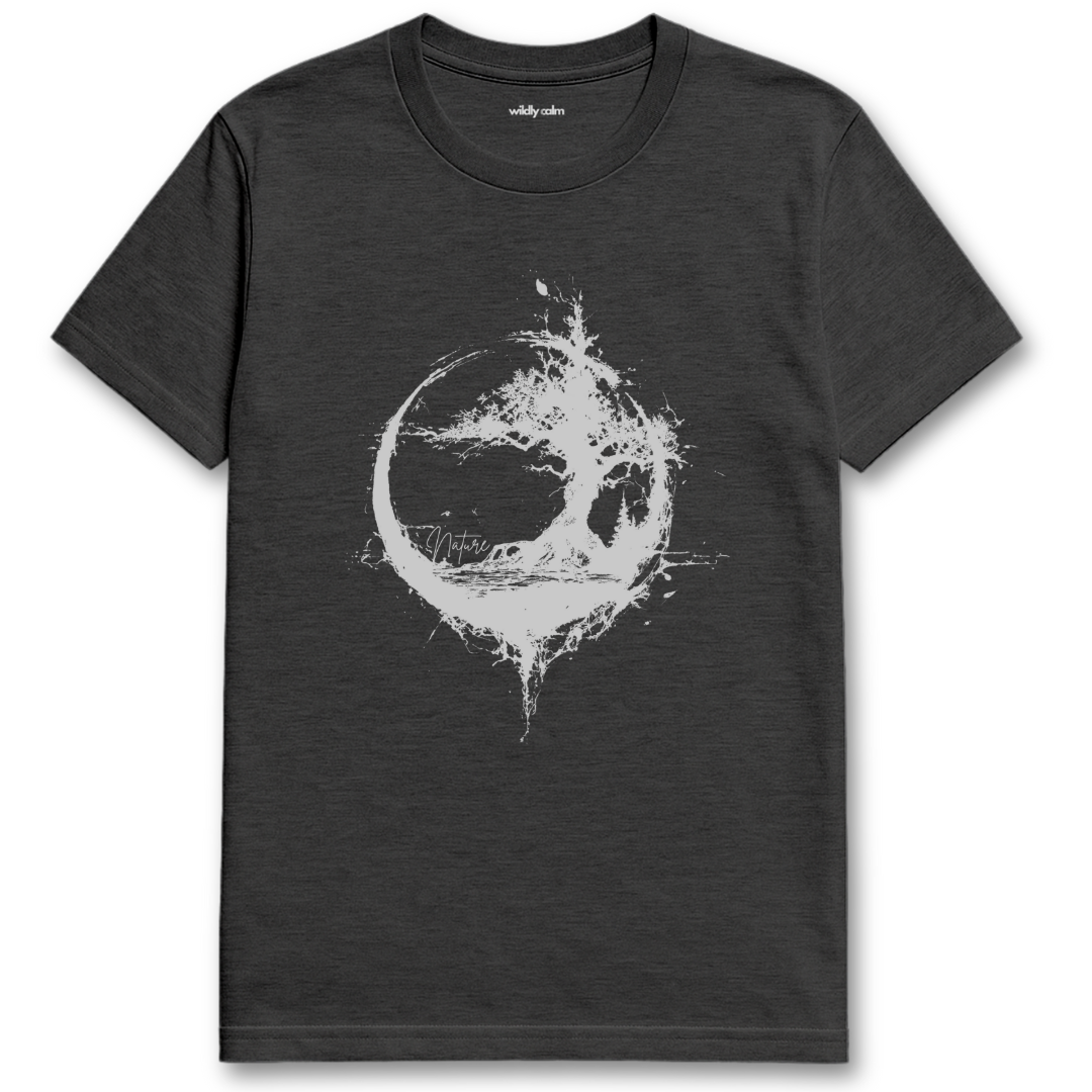 Enzo Tree Nature Heather Dark Grey yoga t-shirt with a blue tree design - wildly calm