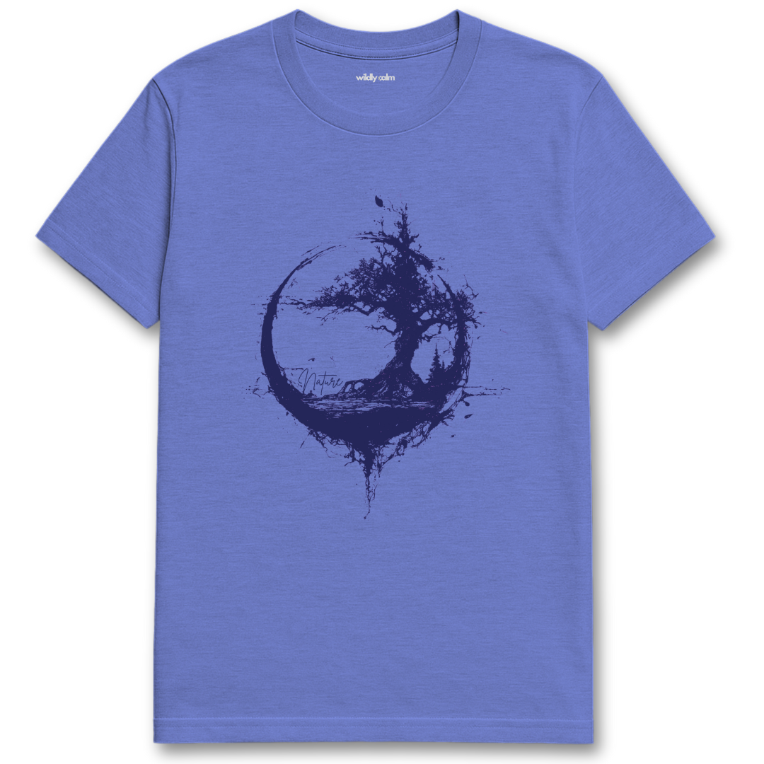 Enzo Tree Nature Heather royal blue yoga t-shirt with a blue tree design - wildly calm