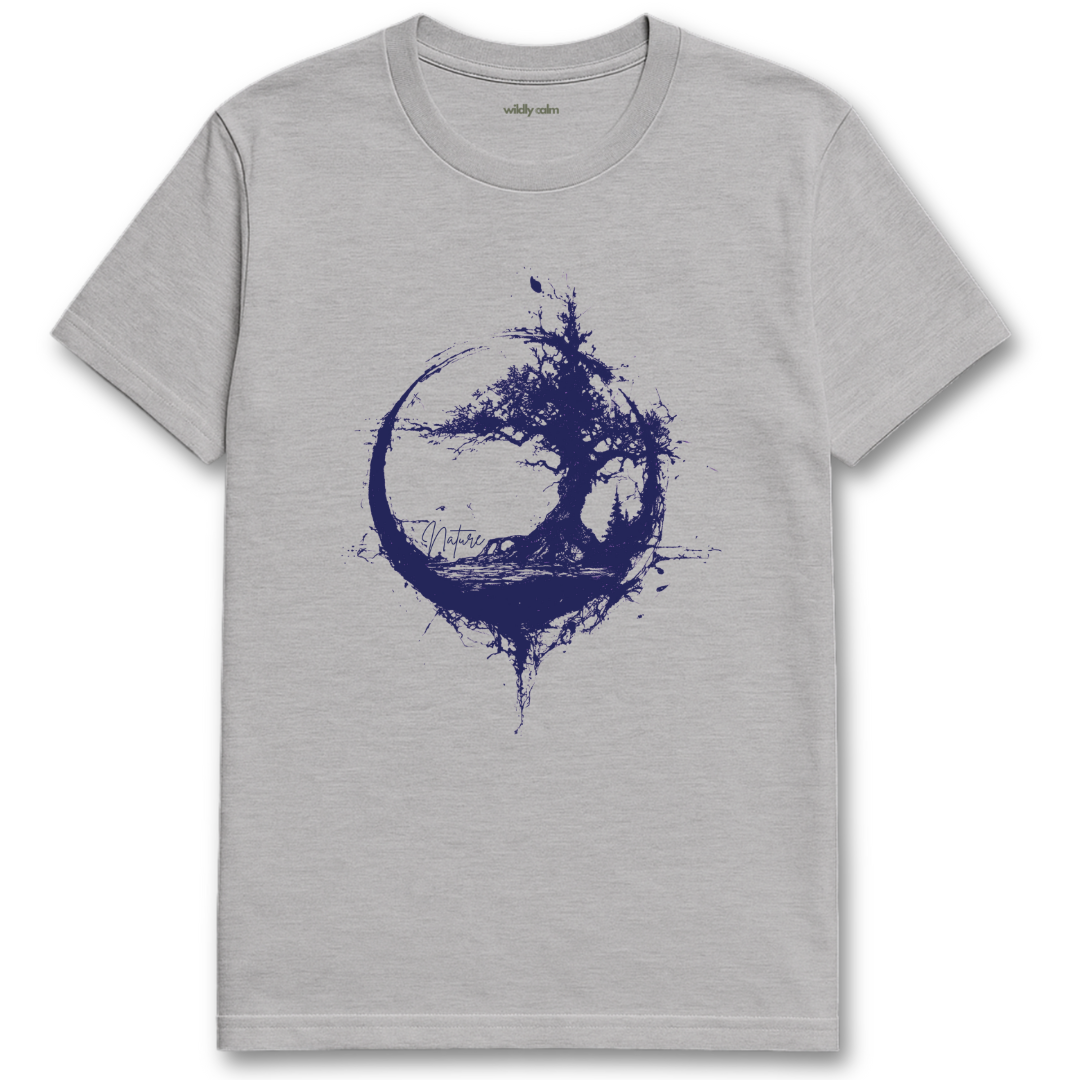 Enzo Tree Nature Sports Grey yoga t-shirt with a blue tree design - wildly calm