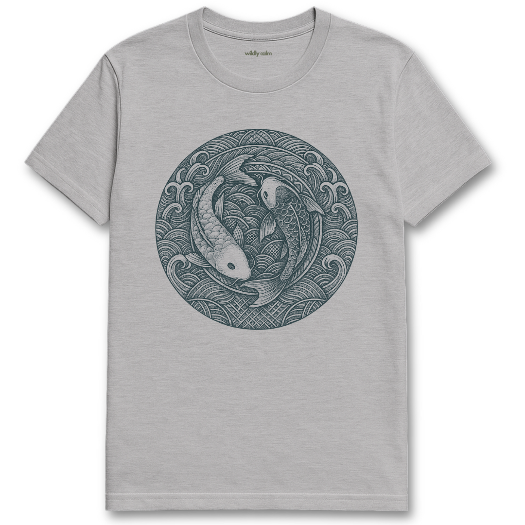 Eternal Koi Harmony Mandala sports grey yoga t-shirt with a black and white fish design on a white background