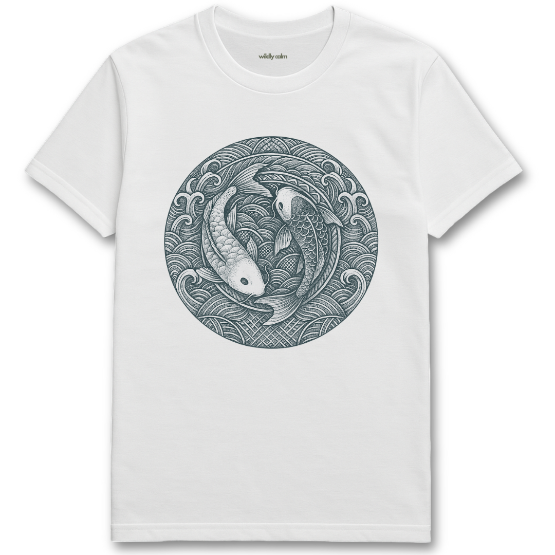 Eternal Koi Harmony Mandala White yoga t-shirt with a black and white fish design on a white background