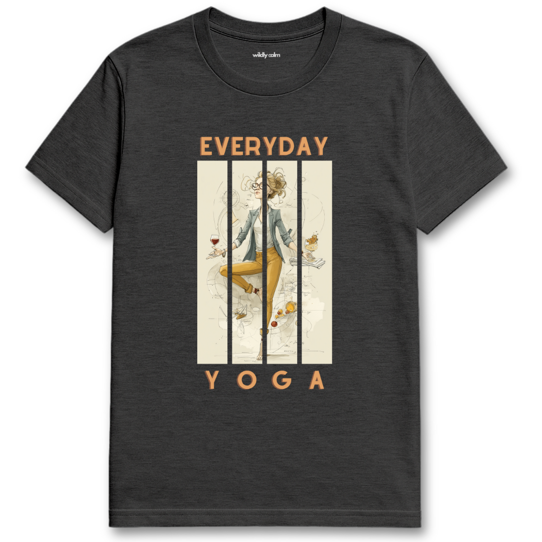Heather dark grey t-shirt with 'Everyday Yoga' graphic design - wildly calm