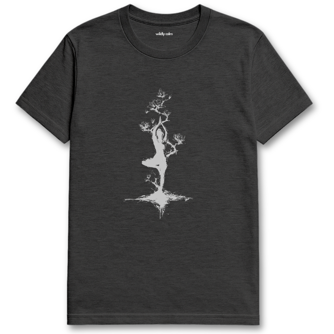 Find me in tree pose_Heather Dark grey yoga t-shirt with white graphic design - wildly calm
