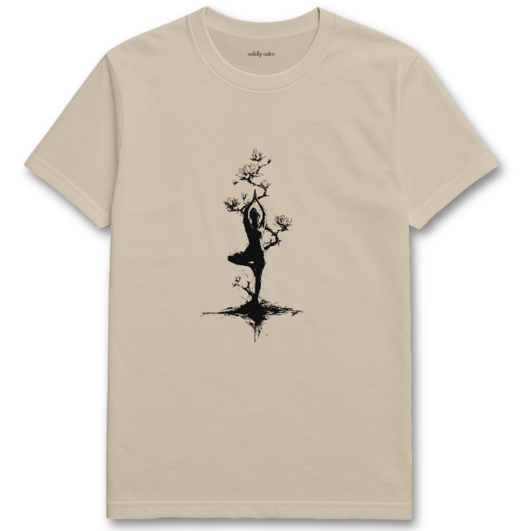 Find me in tree pose_sand/ beige yoga t-shirt with white graphic design - wildly calm