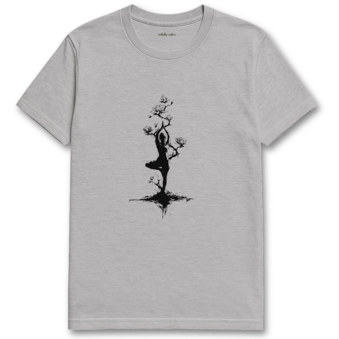 Find me in tree pose_sports greue yoga t-shirt with white graphic design - wildly calm
