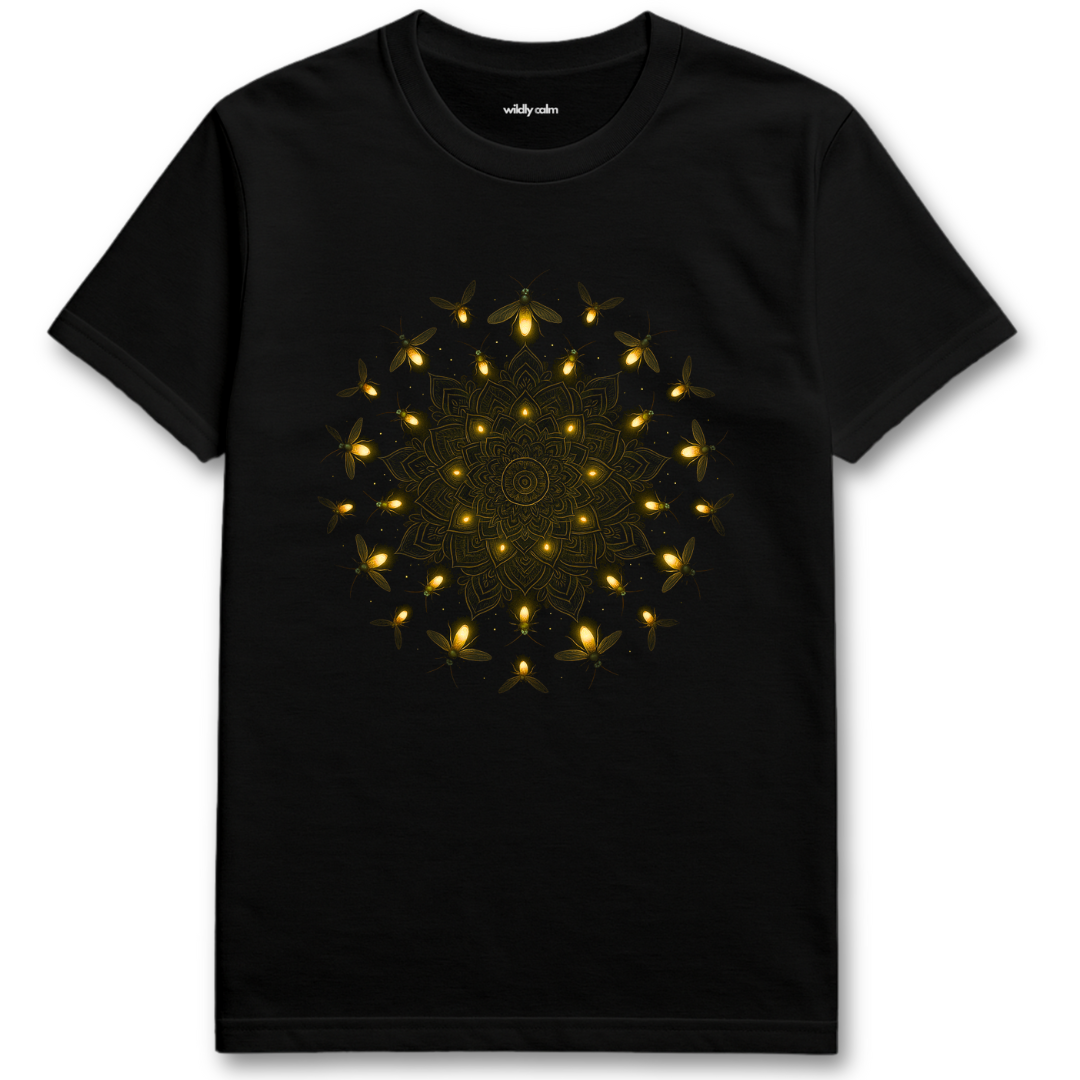 Wildly Calm_Firefly Mandala Black yoga t-shirt with a yellow geometric pattern on a white background