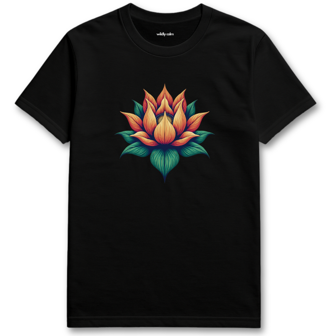 Black Floral Art t-shirt with a colorful flower design for Yoga - Wildly Calm