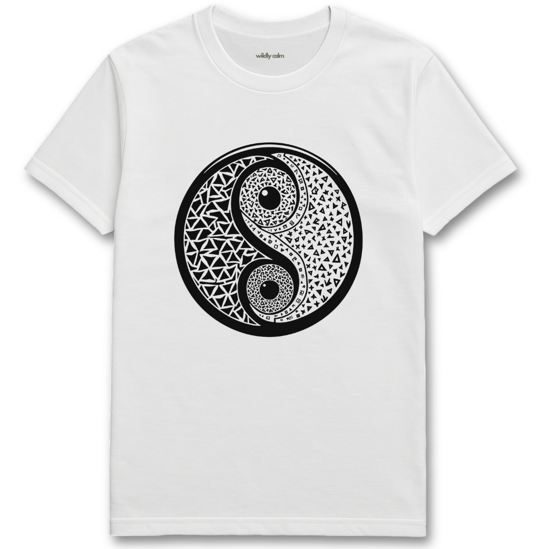 Geometric Harmony_White t-shirt with a black yin yang symbol design on a white background for yoga -Wildly calm