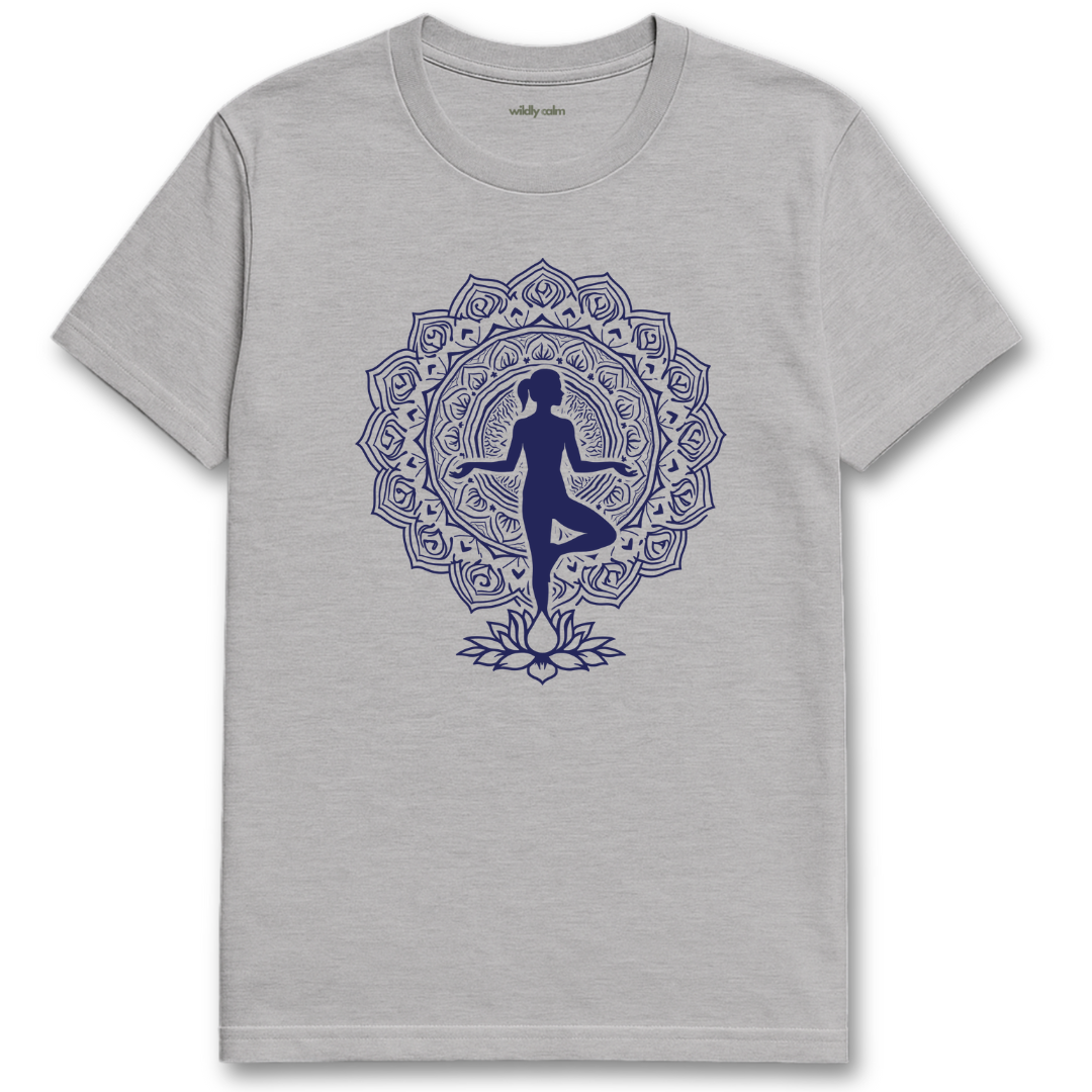 Graceful Meditation Mandala_SportsGrey yoga t-shirt with a black mandala design featuring a silhouette of a person on a white background