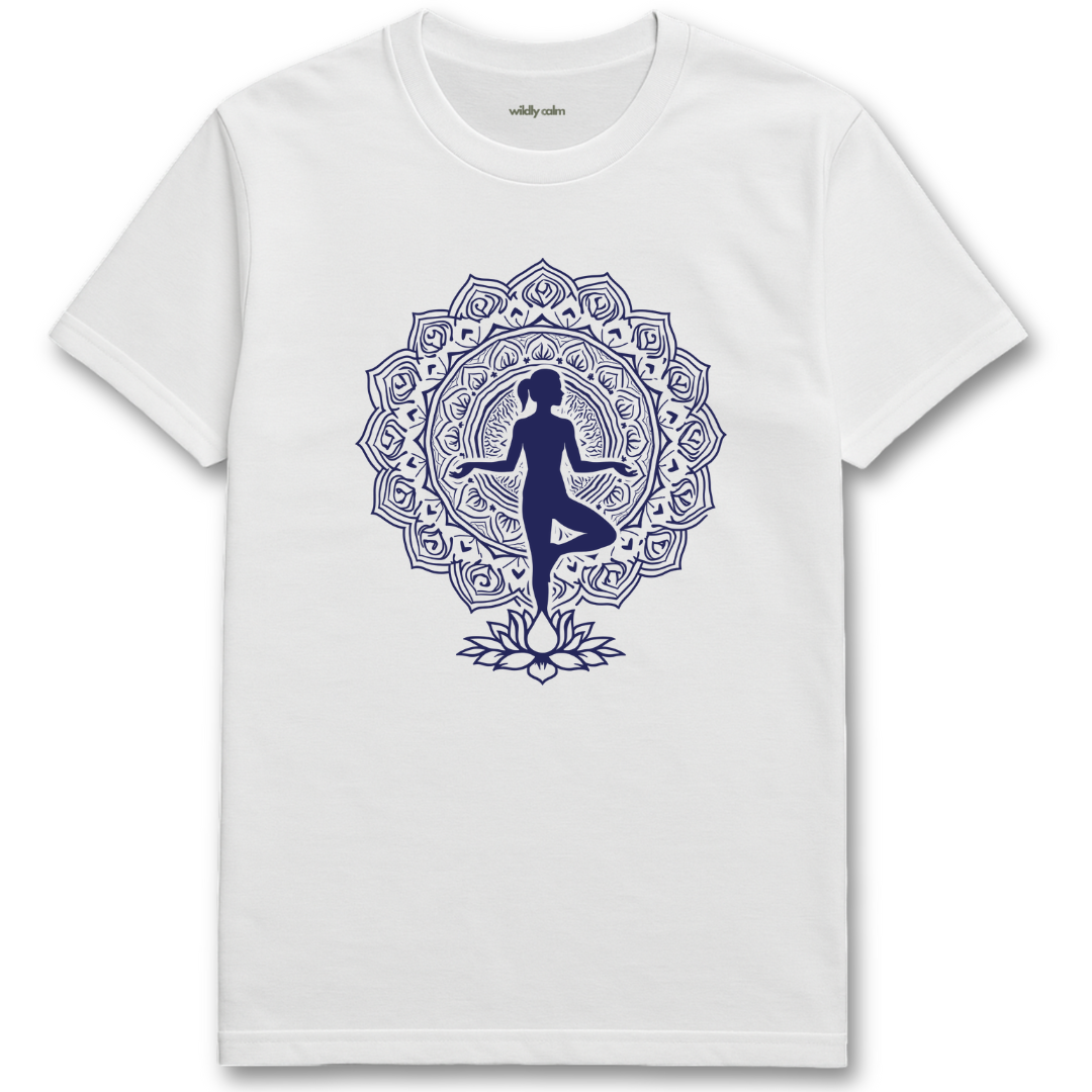 Graceful Meditation Mandala_white yoga t-shirt with a black mandala design featuring a silhouette of a person on a white background