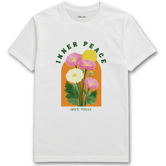Inner Peace Floral_white yoga t-shirt with floral design and 'Inner Peace Since Today' text - wildly calm