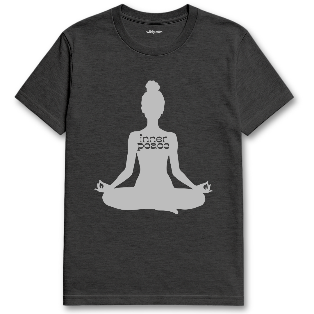heather dark grey t-shirt with a black silhouette of a person in a meditative pose and 'Inner Peace' text - wildly calm