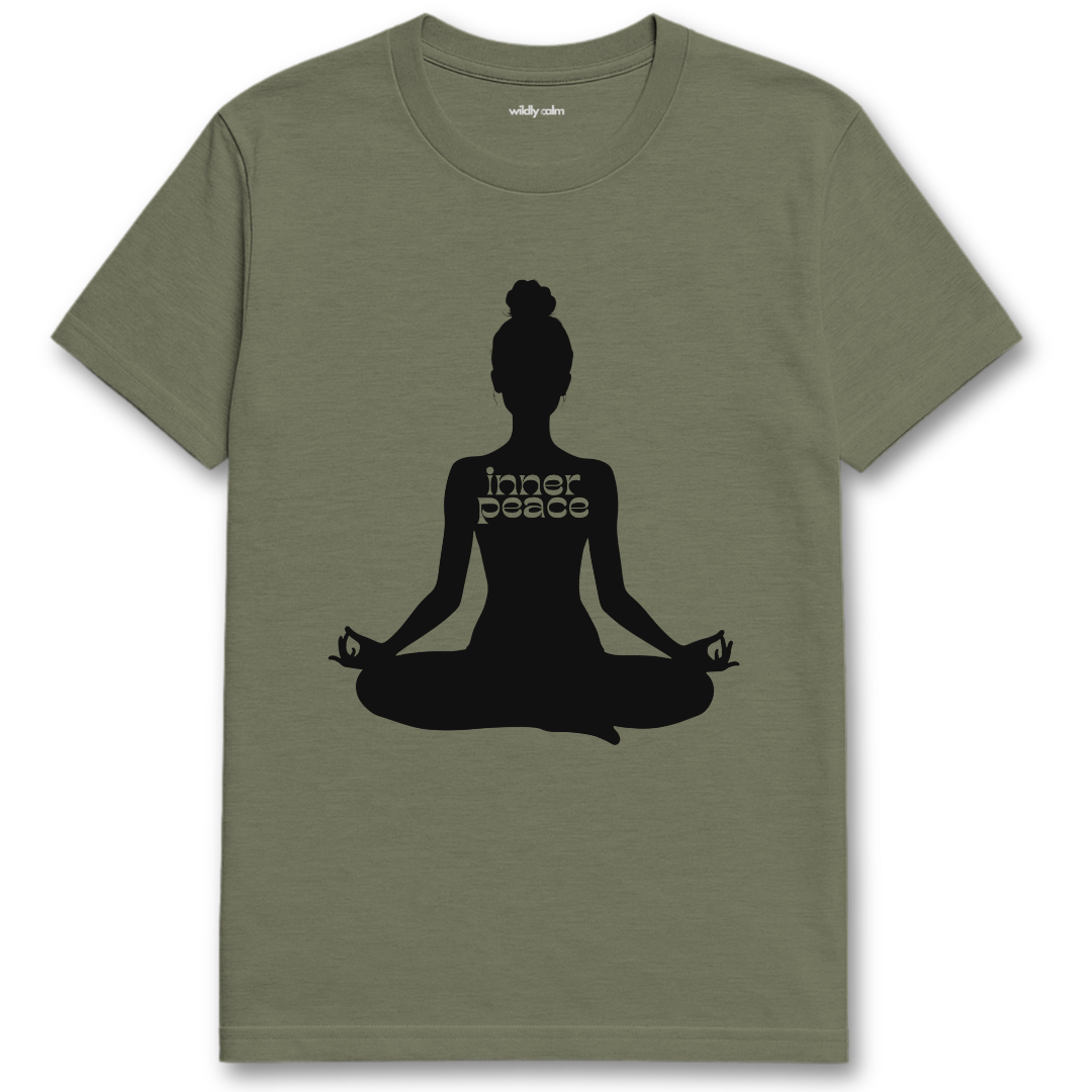 heather military green t-shirt with a black silhouette of a person in a meditative pose and 'Inner Peace' text - wildly calm
