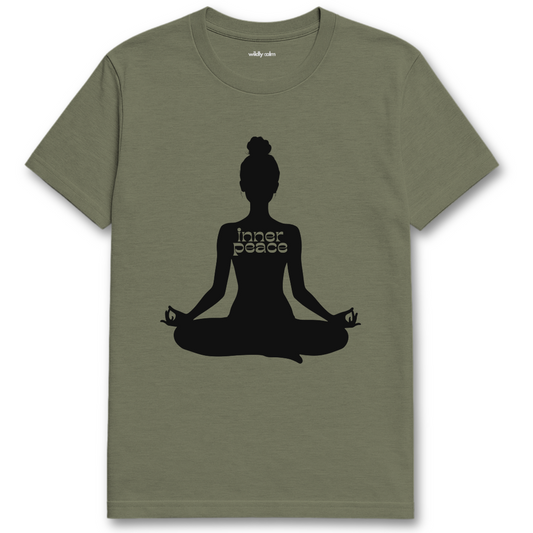 heather military green t-shirt with a black silhouette of a person in a meditative pose and 'Inner Peace' text - wildly calm