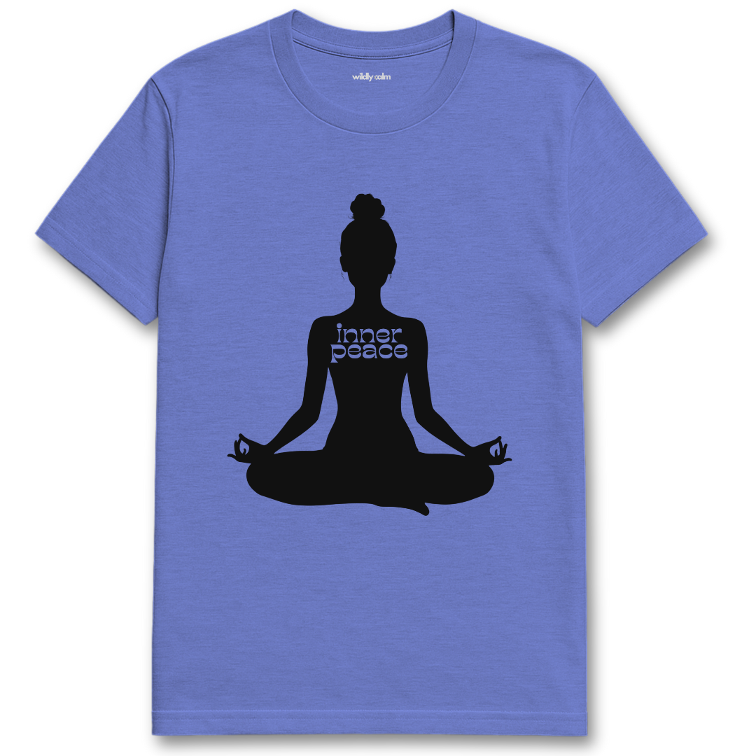 heather royal blue t-shirt with a black silhouette of a person in a meditative pose and 'Inner Peace' text - wildly calm