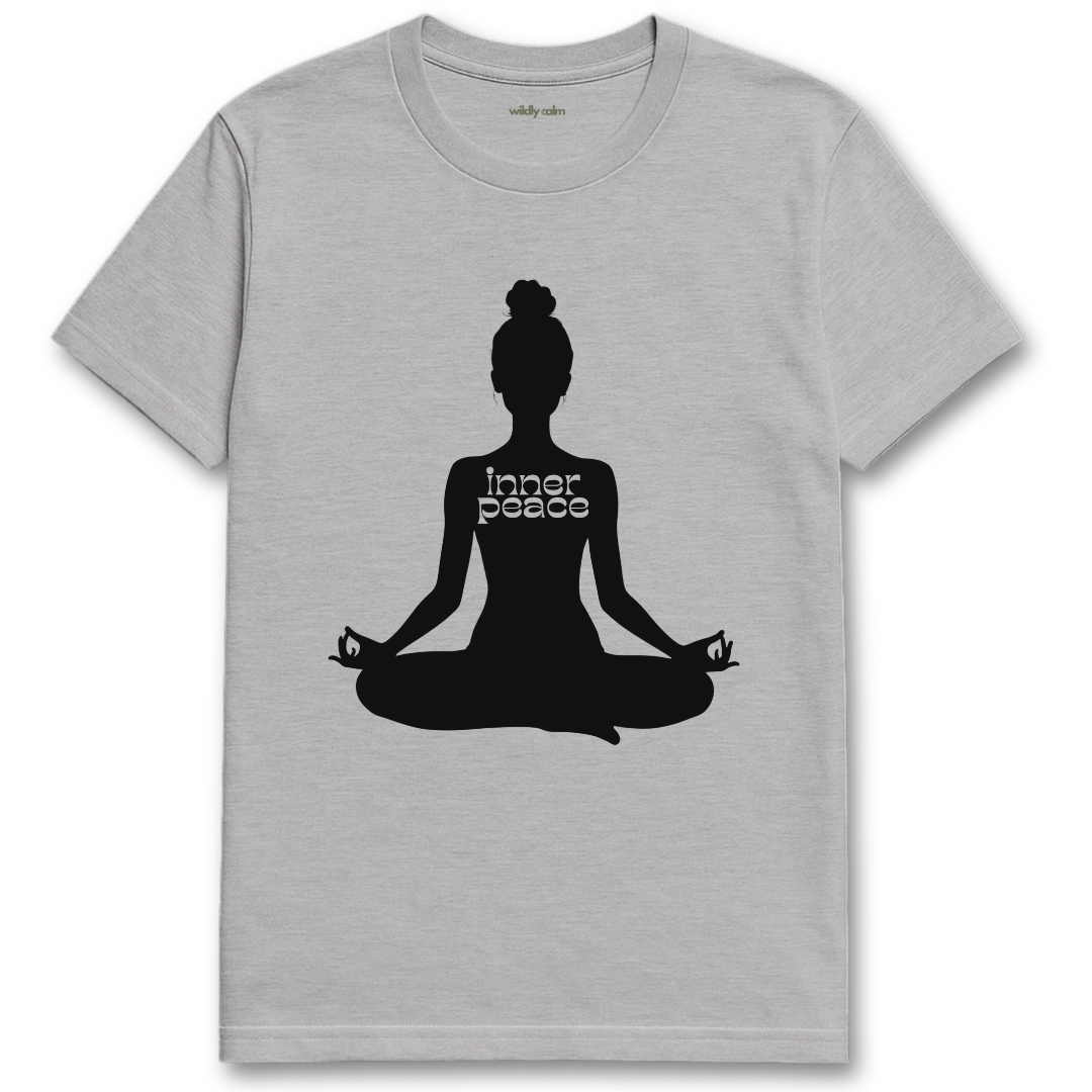sport grey t-shirt with a black silhouette of a person in a meditative pose and 'Inner Peace' text - wildly calm
