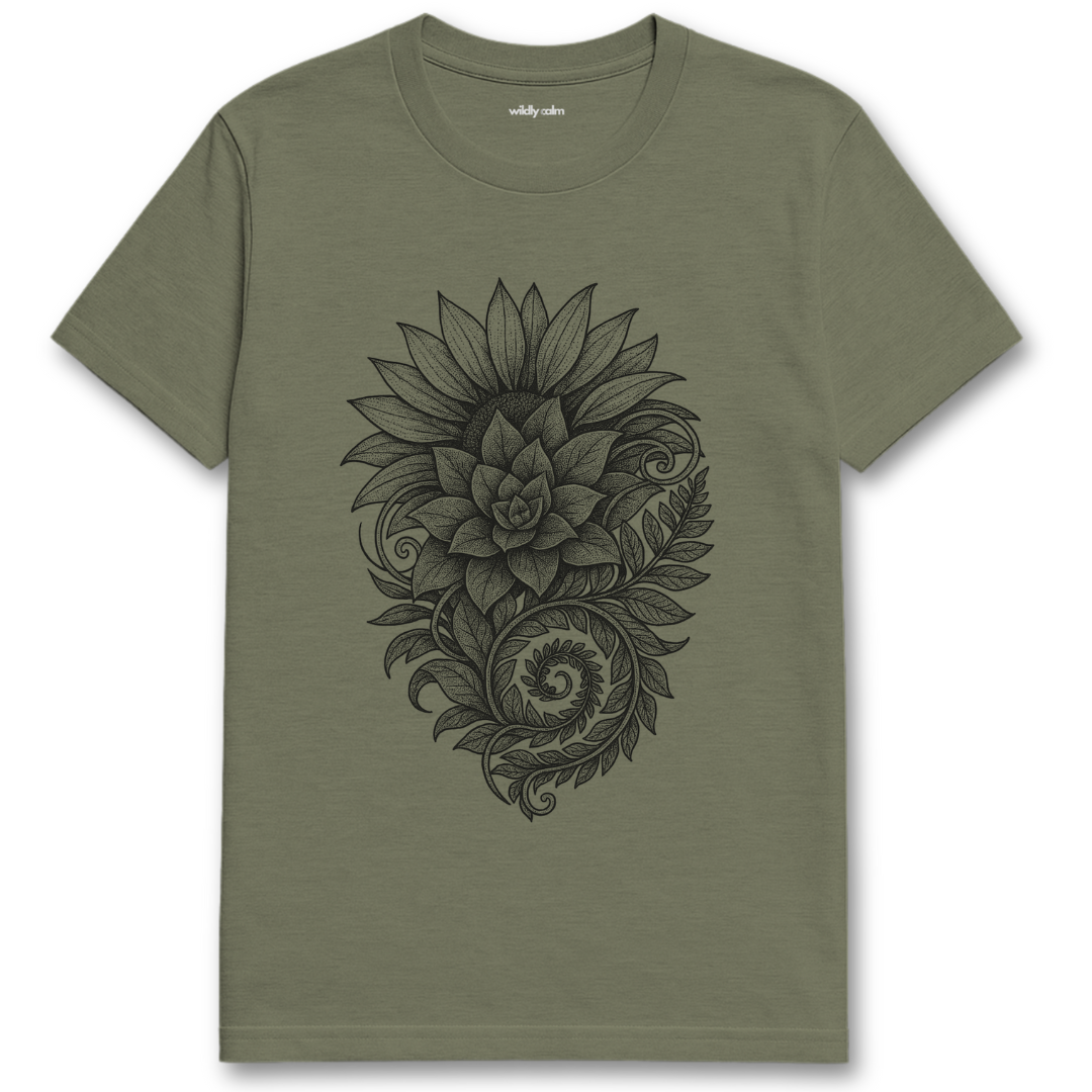 Heather military Green Interwoven Botanical Piece t-shirt with black floral design on a white background for yoga Wildly Calm