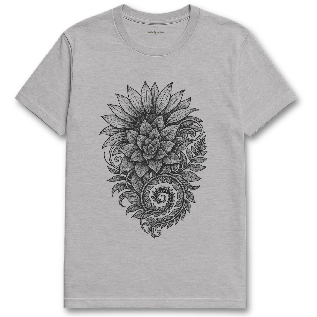 Sports Grey Interwoven Botanical Piece t-shirt with black floral design on a white background for yoga Wildly Calm