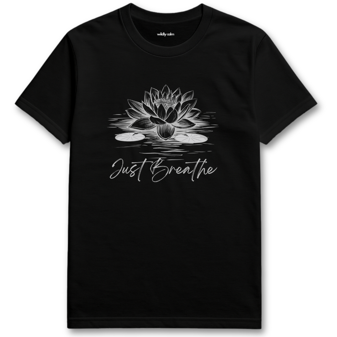 Just Breathe Lotus_Black t-shirt with a lotus flower design and 'Just Breathe' text for Yoga - Wildly Calm