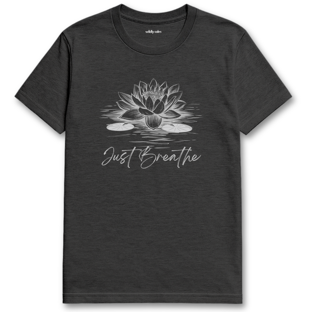 Just Breathe Lotus_Dark Heather Grey t-shirt with a lotus flower design and 'Just Breathe' text for Yoga - Wildly Calm