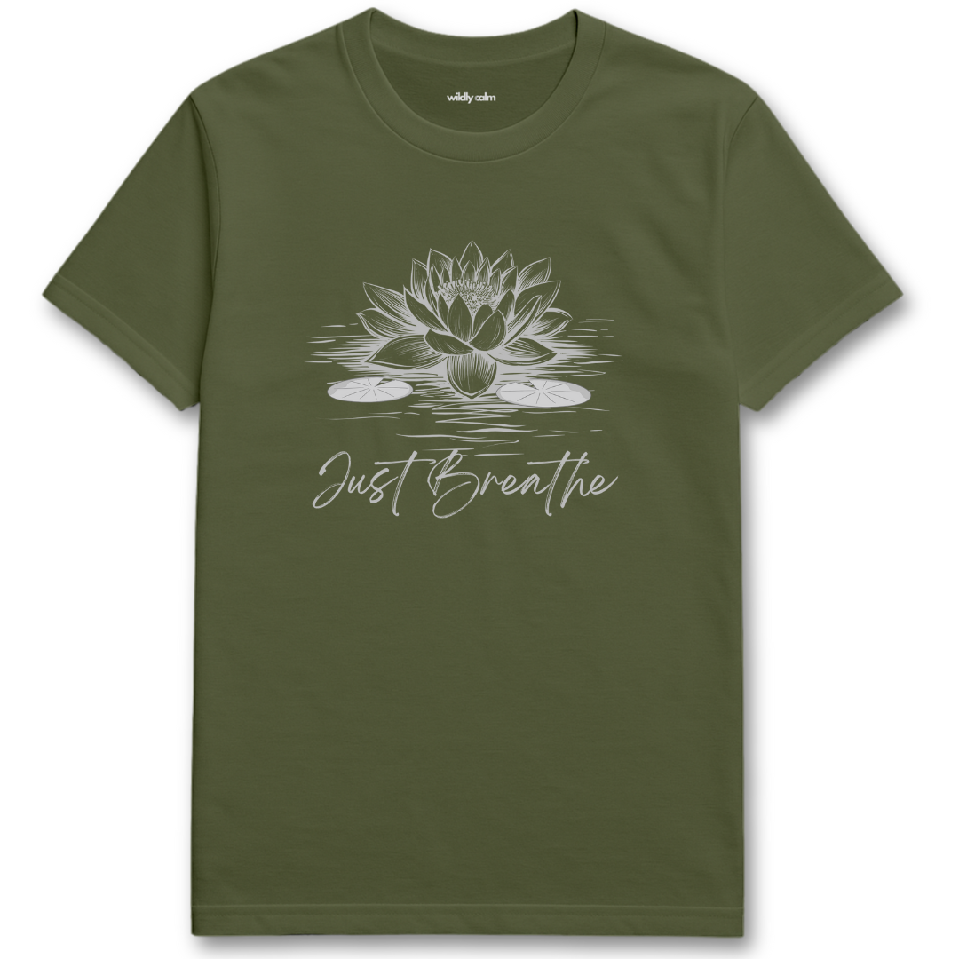 Just Breathe Lotus_Military Green t-shirt with a lotus flower design and 'Just Breathe' text for Yoga - Wildly Calm