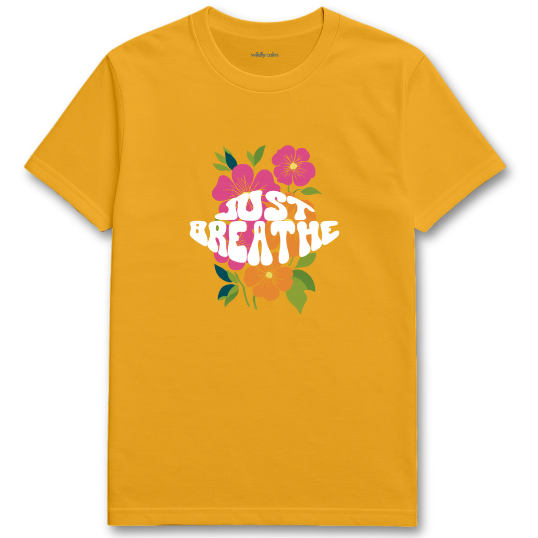 Gold yoga t-shirt with 'Just Breathe' text and floral design -wildly calm